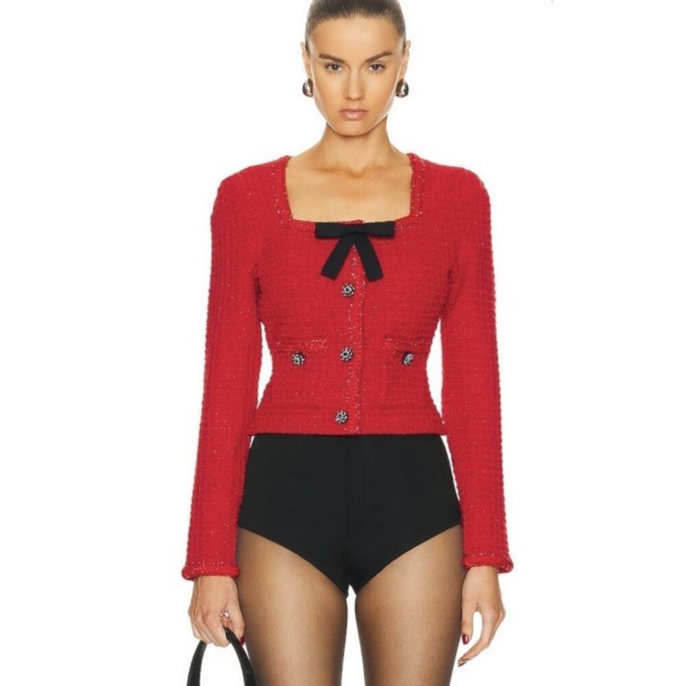 Self-Portrait Cropped Embellished Metallic Bouclé Tweed Jacket Red Small